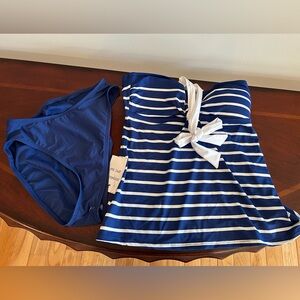 NWOT Ralph Lauren 2 piece swim suit size 8. Blue & white striped w/blue bottom